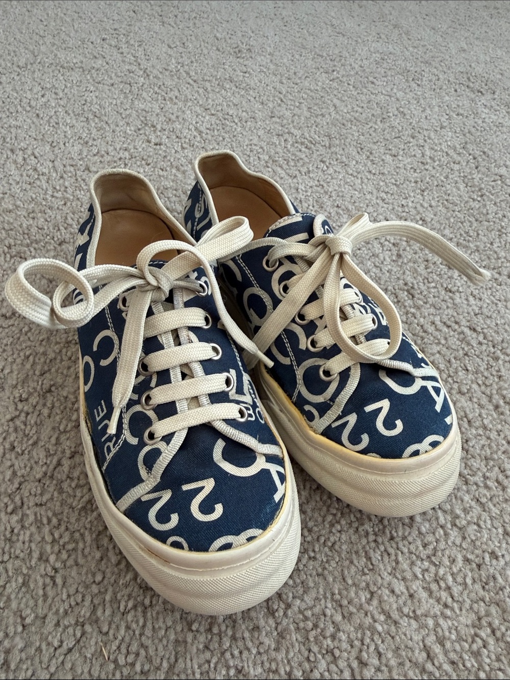 CHANEL Navy Blue and Cream Canvas Sneakers